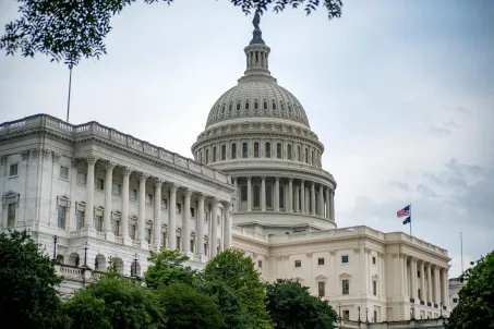 The United States Capitol Building under a mostly cloudy sky with trees and bushes in the foreground.