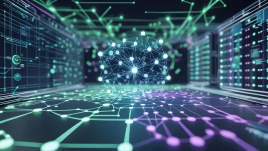 Futuristic abstract image of neon-lit interconnected nodes and processors representing ai solutions and advanced technology systems for federal government data processing and analysis.
