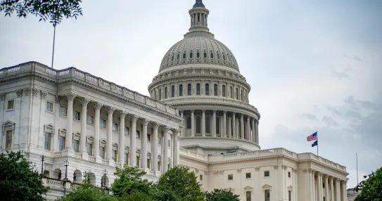 The United States Capitol Building under a mostly cloudy sky with trees and bushes in the foreground.