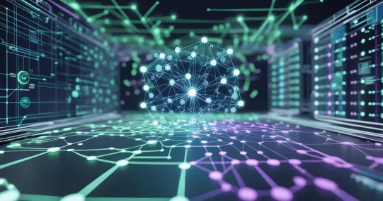 Futuristic abstract image of neon-lit interconnected nodes and processors representing ai solutions and advanced technology systems for federal government data processing and analysis.