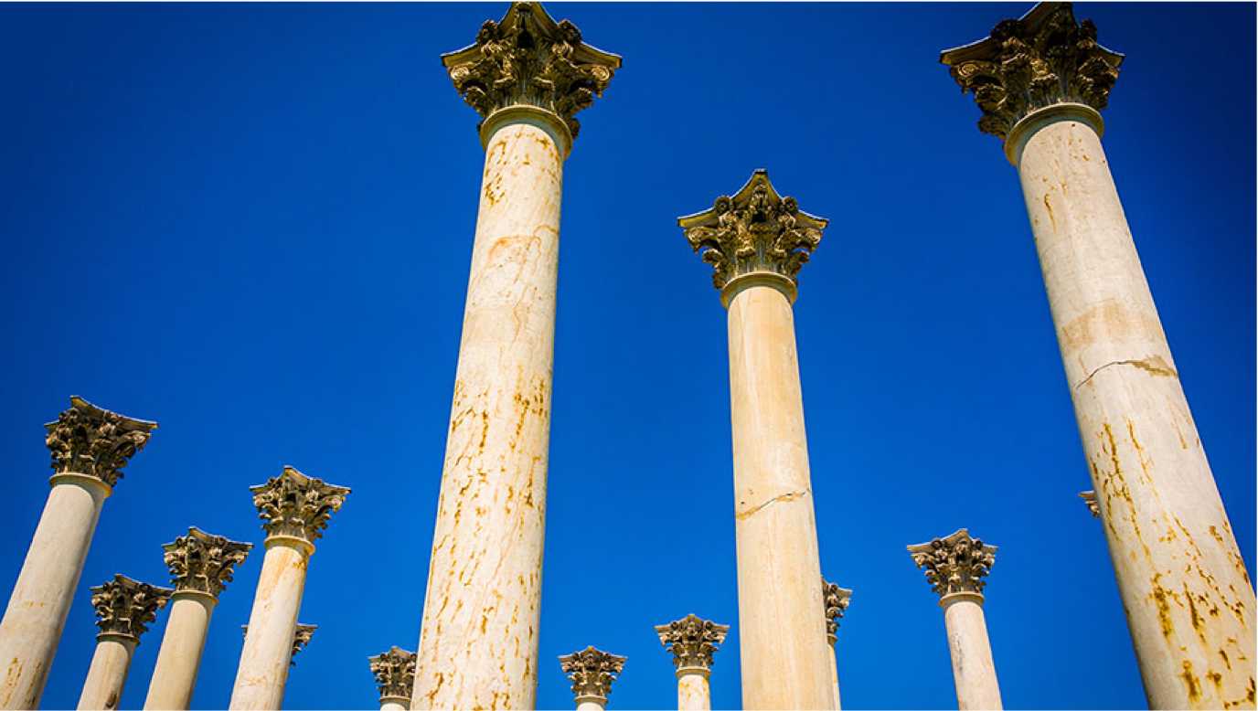 looking up at decorative architectural pillars.