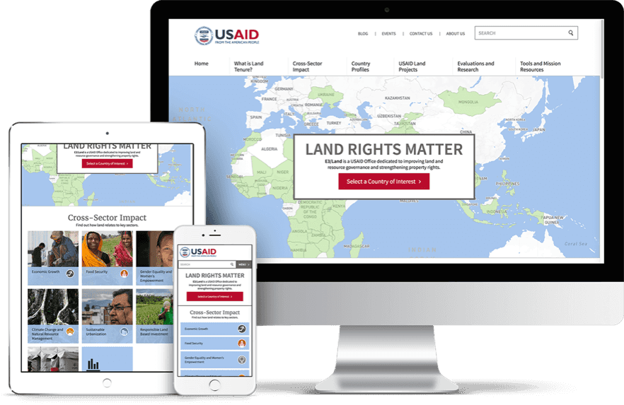 computer view of USAID Land Tenure website as displayed on multiple devices