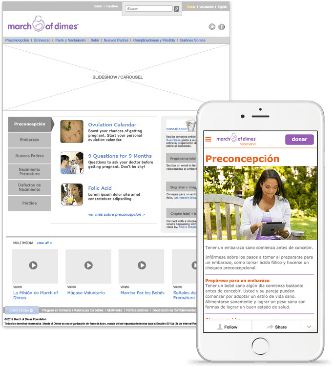 wire-frame illustration and view of march of dimes website in mobile device
